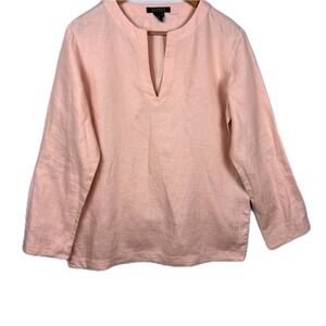 Lauren Ralph Lauren Women Long Sleeve Linen Tunic Top Sz L Pink Breathable Beach